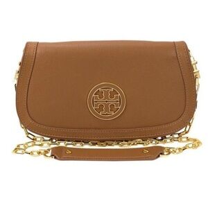 Tory Burch 'Amanda' Logo Flap Clutch Purse in Royal Tan & Gold colored Hardware